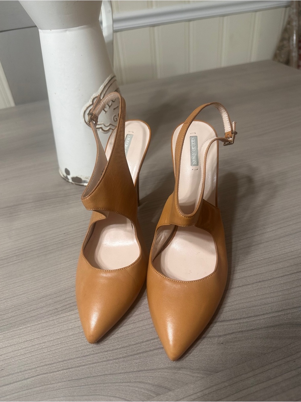 Giorgio Armani Women's Tan Pointed-Toe Slingback Heels with Cutout Strap